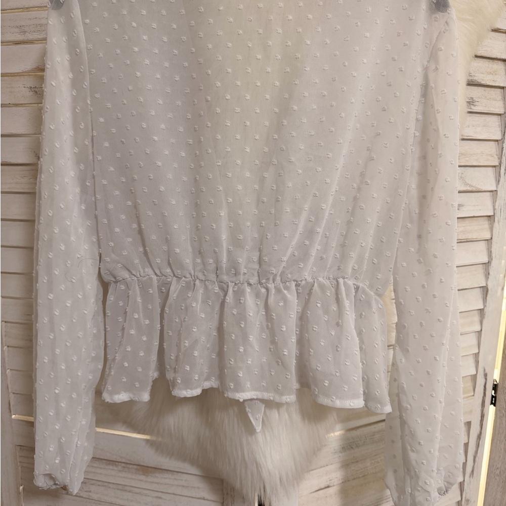 Tie-Front Swiss Dot Crop Top - White - Picture 5 of 7